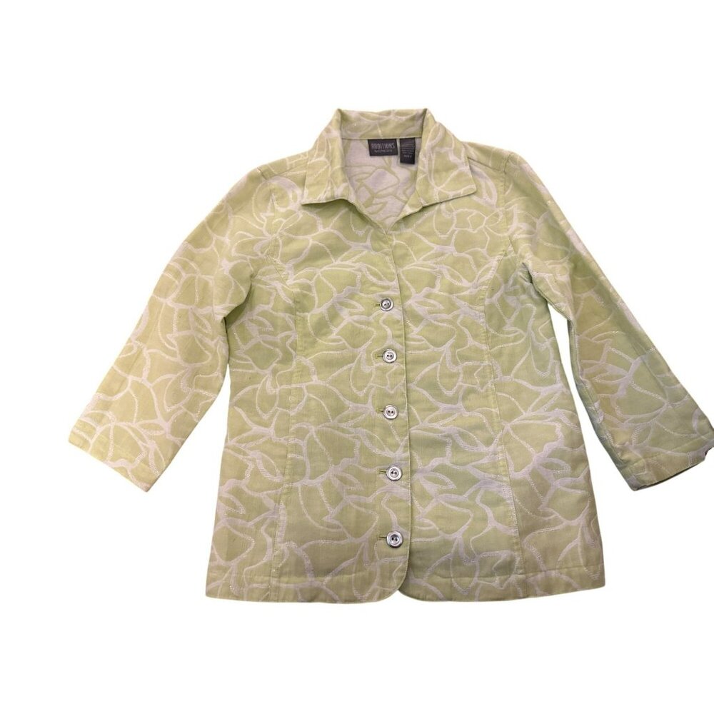 Chicos Light Green Button-Front Blazer Jacket Sz 0 Small White Floral Metallic